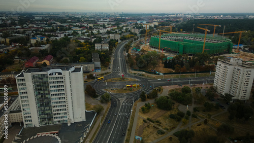 Busy city highway. Major road junction. Urban landscape. Aerial photography.