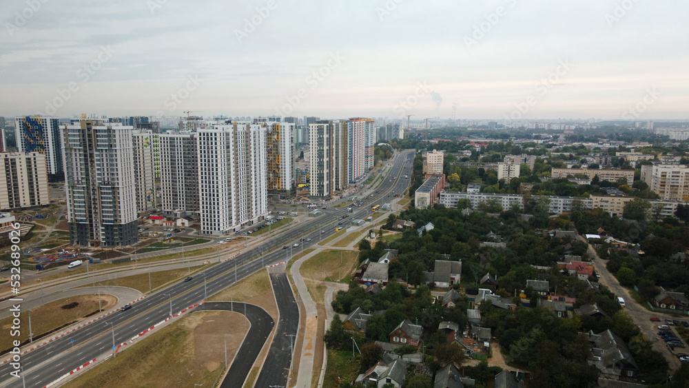 Busy city highway. Major road junction. Urban landscape. Aerial photography.