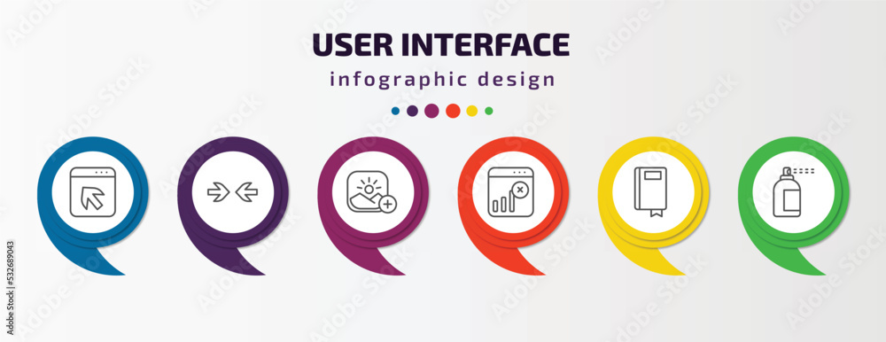user interface infographic template with icons and 6 step or option. user interface icons such as direct selection, opposition, insert picture, disconnect, ribbon from a book, spray paint vector. user interface infographic template with icons and 6 step or option. user interface icons such as direct selection, opposition, insert picture, disconnect, ribbon from a book, spray paint vector.