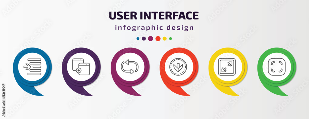 user interface infographic template with icons and 6 step or option. user interface icons such as indent, new page, update arrows, bottom arrows, expand tool, rounded corners square vector. can be user interface infographic template with icons and 6 step or option. user interface icons such as indent, new page, update arrows, bottom arrows, expand tool, rounded corners square vector. can be