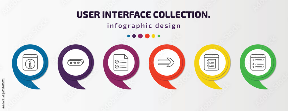 user interface collection. infographic template with icons and 6 step or option. user interface collection. icons such as information button, 3d bars, confirmity, slim right, note blog, numbering user interface collection. infographic template with icons and 6 step or option. user interface collection. icons such as information button, 3d bars, confirmity, slim right, note blog, numbering