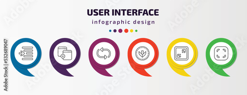 user interface infographic template with icons and 6 step or option. user interface icons such as indent, new page, update arrows, bottom arrows, expand tool, rounded corners square vector. can be