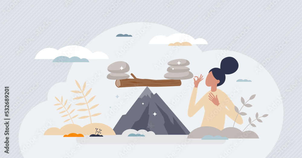 Balance of nature as climate sustainability and harmony tiny person concept. Equilibrium with all processes as weight with pebbles vector illustration. Planet ecology and fragile earth stability. - obrazy, fototapety, plakaty 