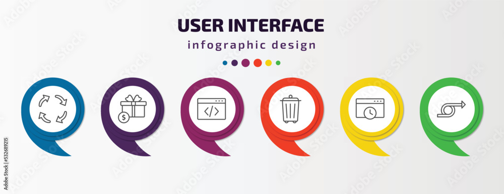 user interface infographic template with icons and 6 step or option. user interface icons such as rotating arrows, incentive, data coding, recycling container, window time, right loop arrow vector. user interface infographic template with icons and 6 step or option. user interface icons such as rotating arrows, incentive, data coding, recycling container, window time, right loop arrow vector.