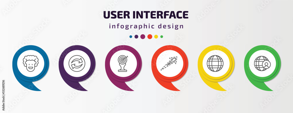 user interface infographic template with icons and 6 step or option. user interface icons such as emot, continuous, archery champion, dotted up arrow, worldgrid, user interface vector. can be used user interface infographic template with icons and 6 step or option. user interface icons such as emot, continuous, archery champion, dotted up arrow, worldgrid, user interface vector. can be used