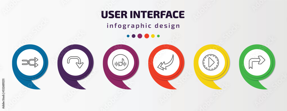 user interface infographic template with icons and 6 step or option. user interface icons such as crossover, downward rotation, musical, back drawn arrow, movie play button, right arrow with turn user interface infographic template with icons and 6 step or option. user interface icons such as crossover, downward rotation, musical, back drawn arrow, movie play button, right arrow with turn