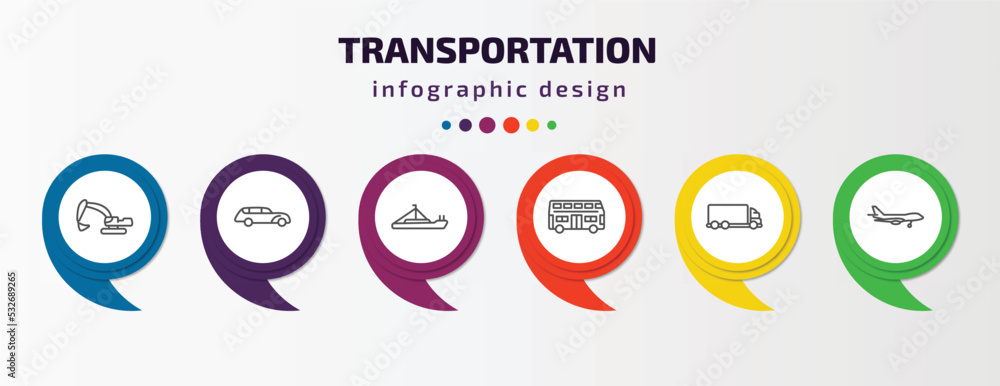 transportation infographic template with icons and 6 step or option. transportation icons such as excavators, hearse, pt boat, double decker bus, lorry, jumbo jet vector. can be used for banner, transportation infographic template with icons and 6 step or option. transportation icons such as excavators, hearse, pt boat, double decker bus, lorry, jumbo jet vector. can be used for banner,