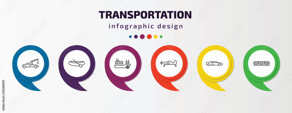 transportation infographic template with icons and 6 step or option. transportation icons such as tow truck, dugout canoe, paddlewheeler, crop duster, sport car, light rail vector. can be used for transportation infographic template with icons and 6 step or option. transportation icons such as tow truck, dugout canoe, paddlewheeler, crop duster, sport car, light rail vector. can be used for