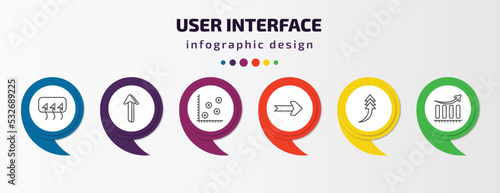 user interface infographic template with icons and 6 step or option. user interface icons such as rear window defrost, 3d up arrow, spotted data, curved right arrow, turn up arrow, increasing