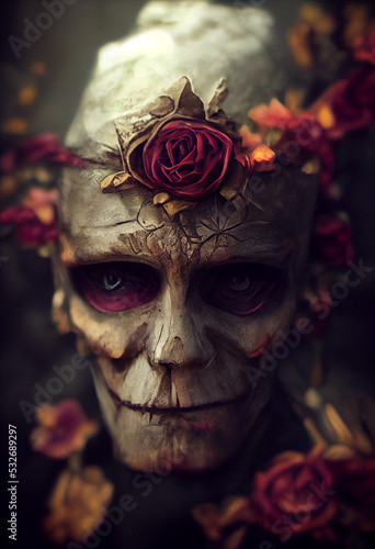 3d illustration of a horror skull with red roses. Halloween concept. 