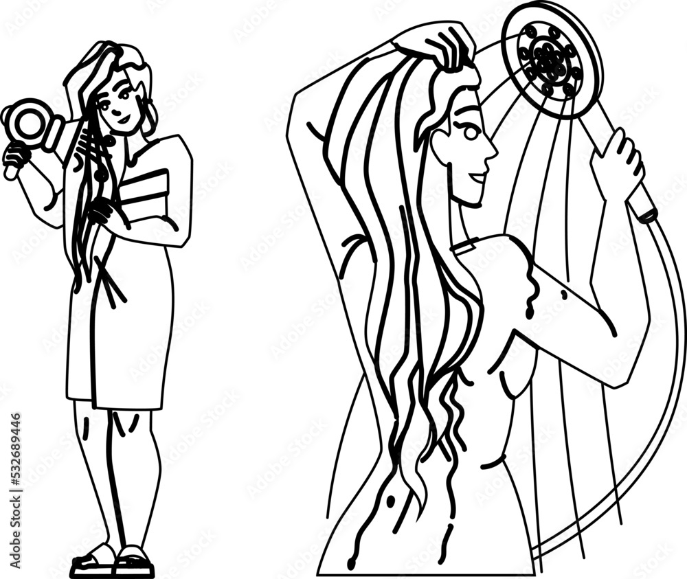 shower woman line pencil drawing vector. bathroom water, girl wash, body bath skin care shower
