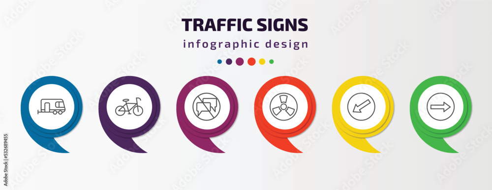 traffic signs infographic template with icons and 6 step or option. traffic signs icons such as caravan, bicycle, no chatting, nuclear, keep left, one way vector. can be used for banner, info graph, traffic signs infographic template with icons and 6 step or option. traffic signs icons such as caravan, bicycle, no chatting, nuclear, keep left, one way vector. can be used for banner, info graph,
