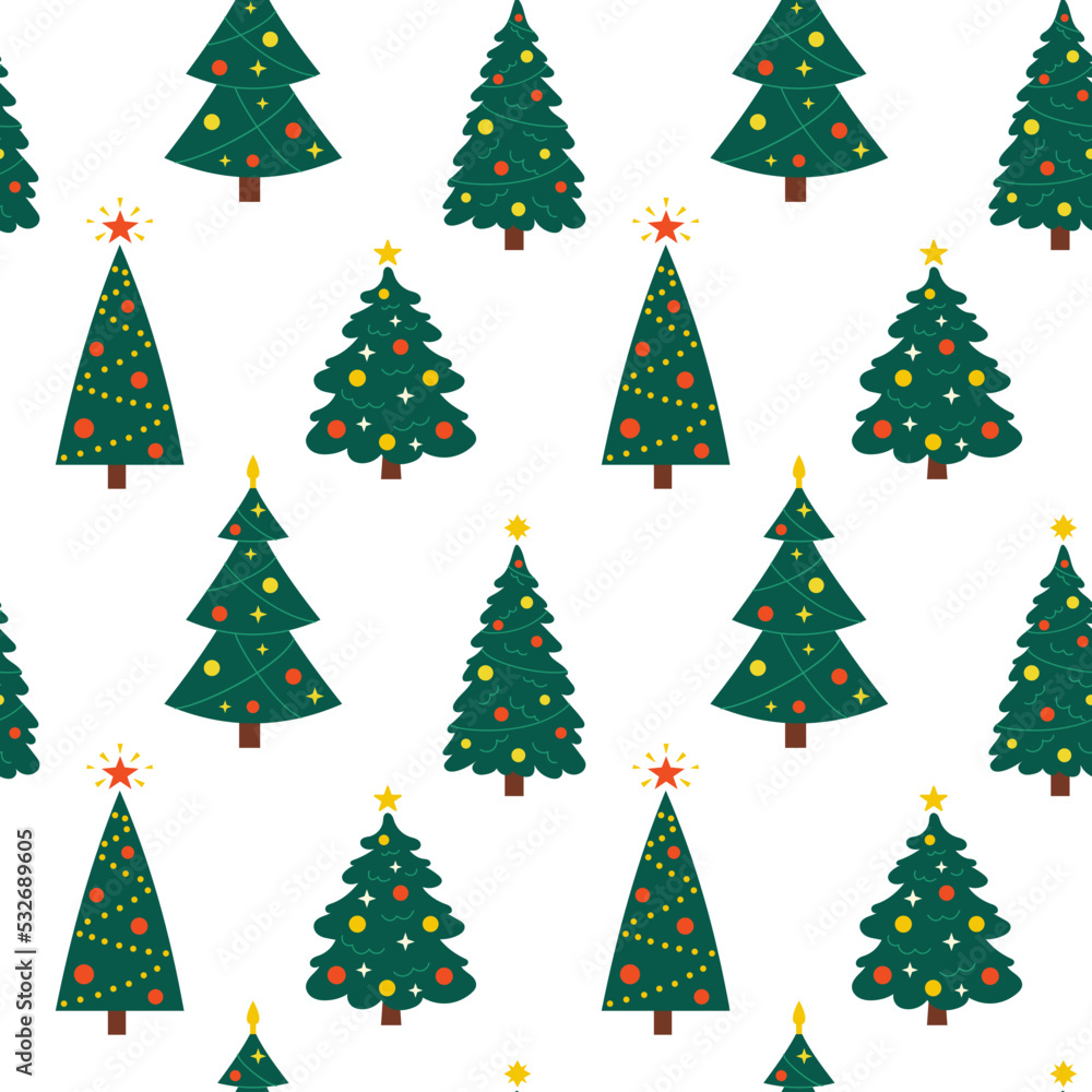 Vector seamless pattern with Christmas trees. Cute New Year pattern on white background. Cute evergreen fir trees.