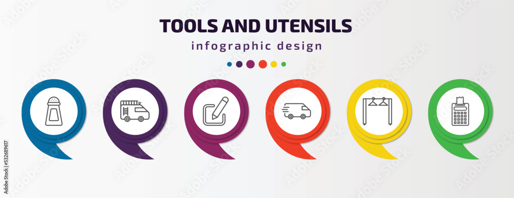 tools and utensils infographic template with icons and 6 step or option. tools and utensils icons such as pepper container, firetruck, edit picture, postage, clothes rack, printing calculator