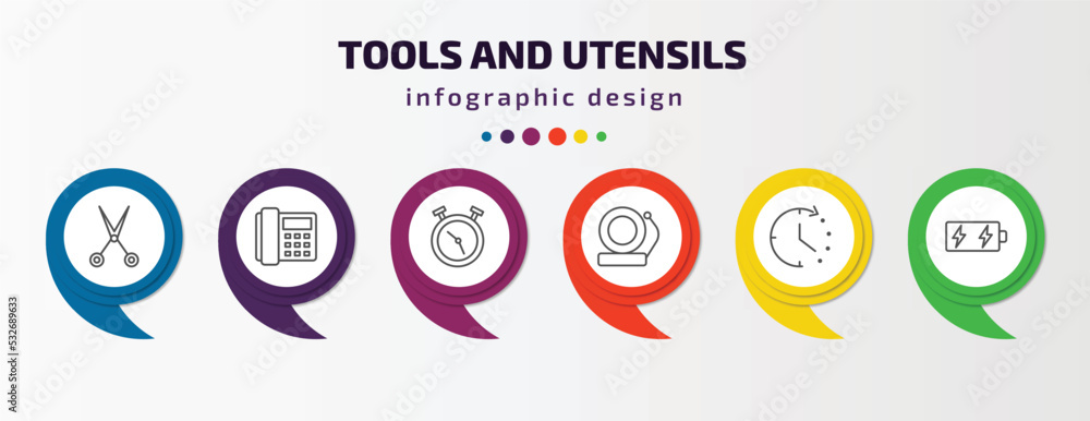 tools and utensils infographic template with icons and 6 step or option. tools and utensils icons such as open scissors, modern telephone, timer round clock, electric bell, time left, battery tools and utensils infographic template with icons and 6 step or option. tools and utensils icons such as open scissors, modern telephone, timer round clock, electric bell, time left, battery