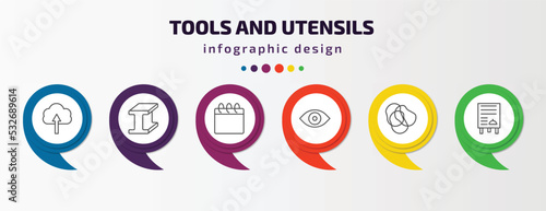 tools and utensils infographic template with icons and 6 step or option. tools and utensils icons such as up arrow cloud, metal, calendar page, optical, rubber bands, daily specials board vector.