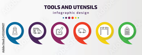 tools and utensils infographic template with icons and 6 step or option. tools and utensils icons such as pepper container, firetruck, edit picture, postage, clothes rack, printing calculator