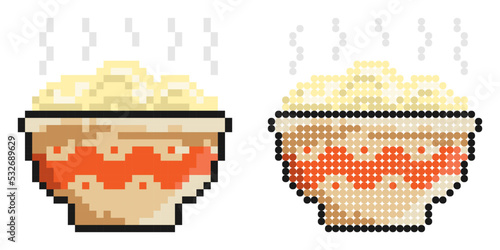 Pixel icon. Bowl, plate of hot porridge. Delicious and hearty lunch. Simple retro game vector isolated on white background