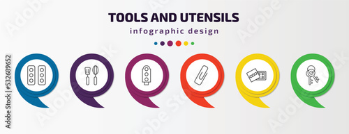 tools and utensils infographic template with icons and 6 step or option. tools and utensils icons such as semaphore lights, kitchen tools, semaphore light, attached, chote box, key ring vector. can