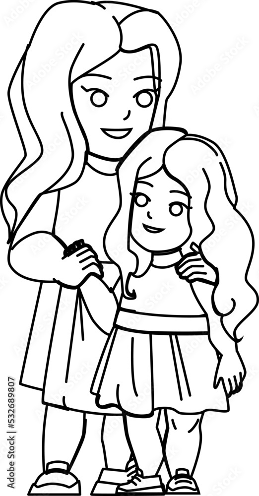 girl sister line pencil drawing vector. happy young family, woman love, fun lifestyle, beautiful portrait, child smile happiness girl sister character. people Illustration girl sister line pencil drawing vector. happy young family, woman love, fun lifestyle, beautiful portrait, child smile happiness girl sister character. people Illustration