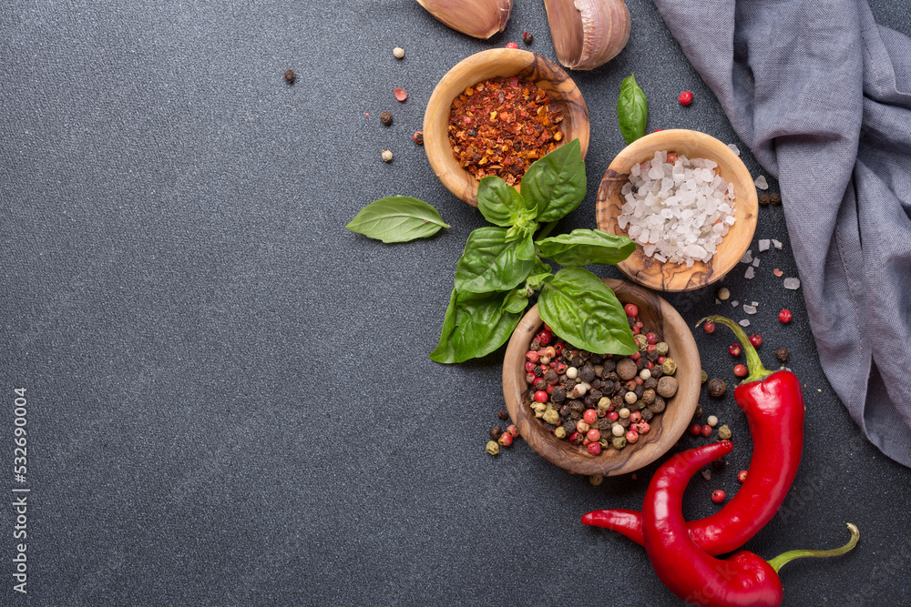 Bright spices or seasonings for tasty, healthy and aromatic cooking