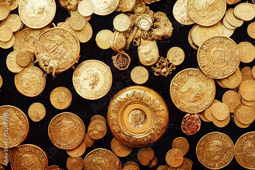 Ancient and antique treasure, with gold coins and precious jewels, 3d illustration