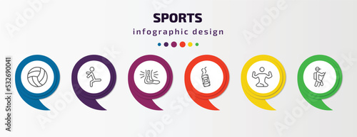 sports infographic template with icons and 6 step or option. sports icons such as volleyball ball, dancer motion, sprained ankle, drift car, yoga posture, trekking vector. can be used for banner,