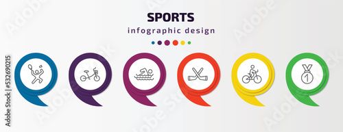 sports infographic template with icons and 6 step or option. sports icons such as man playing badminton, bicycle for children, swimming man, hockey, bicycle rider, medal with number 1 vector. can be