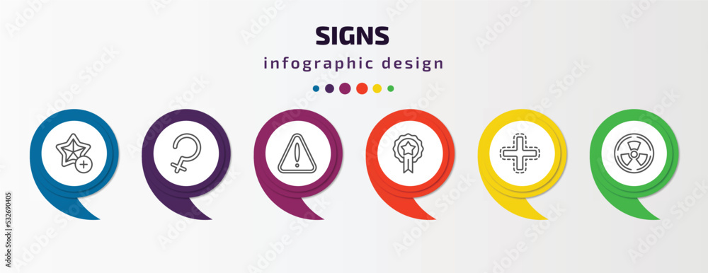 signs infographic template with icons and 6 step or option. signs icons such as favourite star, ceres, alert, premium badge, addition, radioactive vector. can be used for banner, info graph, web, signs infographic template with icons and 6 step or option. signs icons such as favourite star, ceres, alert, premium badge, addition, radioactive vector. can be used for banner, info graph, web,