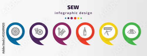 sew infographic template with icons and 6 step or option. sew icons such as spokes, sewing tools, sewing equipment, glue, stitches, pleat vector. can be used for banner, info graph, web,