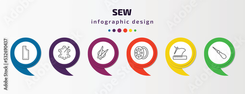 sew infographic template with icons and 6 step or option. sew icons such as material, leather, clothespin, bobbin, stiching, awl vector. can be used for banner, info graph, web, presentations.