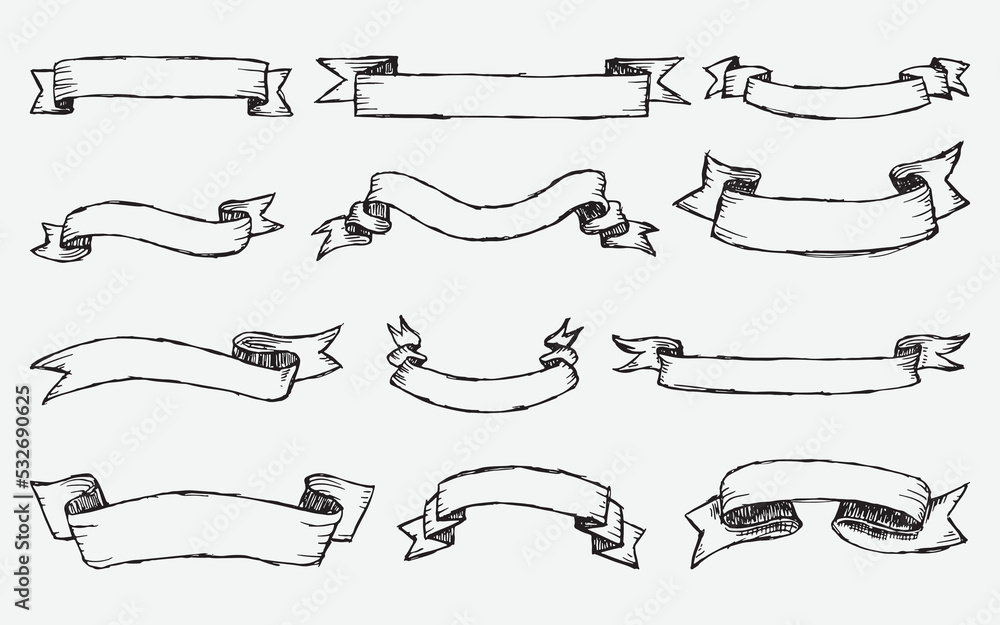 Hand drawn set of different ribbons. Design elements for greeting cards, banners, invitations. Sketch, vector illustration