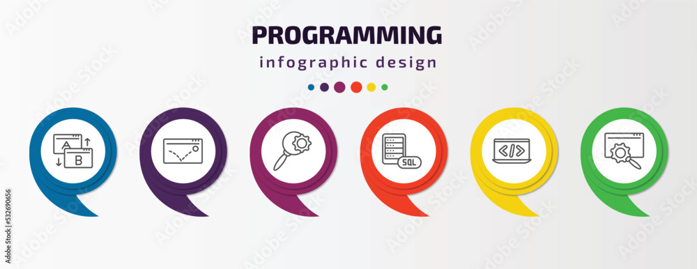 programming infographic template with icons and 6 step or option. programming icons such as testing, advertising bounce, search, mysql, programming language, web optimization vector. can be used for programming infographic template with icons and 6 step or option. programming icons such as testing, advertising bounce, search, mysql, programming language, web optimization vector. can be used for