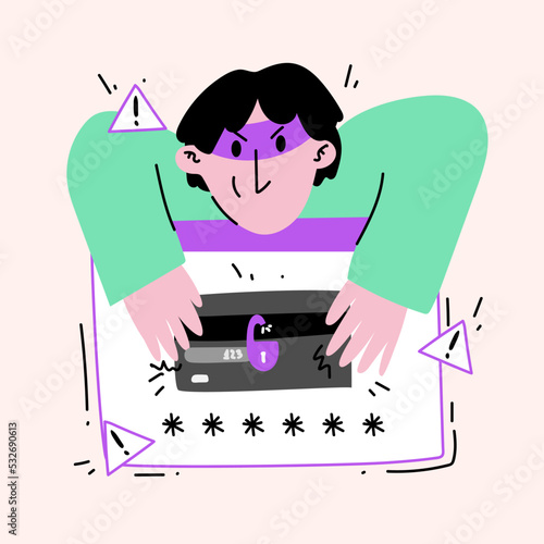 Hand drawn illustration of a scammer who steals a person's important bank card data over the Internet