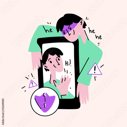 Hand drawn illustration of a fraudster in a mobile dating app