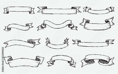 Hand drawn set of different ribbons. Design elements for greeting cards, banners, invitations. Sketch, vector illustration