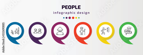 people infographic template with icons and 6 step or option. people icons such as hide and seek, students, chinese man, king in his throne, man throwing a dart, traffic police vector. can be used