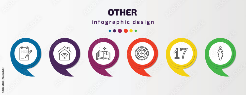 other infographic template with icons and 6 step or option. other icons such as paper list and a pencil, smarthome, speell book, roulette table, seventeen, women's bathroom vector. can be used for other infographic template with icons and 6 step or option. other icons such as paper list and a pencil, smarthome, speell book, roulette table, seventeen, women's bathroom vector. can be used for