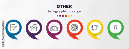 other infographic template with icons and 6 step or option. other icons such as paper list and a pencil, smarthome, speell book, roulette table, seventeen, women's bathroom vector. can be used for