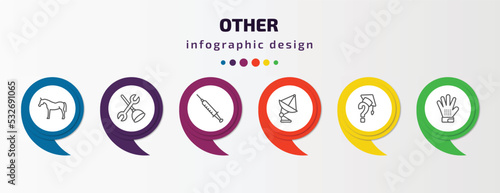 other infographic template with icons and 6 step or option. other icons such as arab horse, plumbering, syrnge, satelite antenna, graduation's questions, grooming glove vector. can be used for