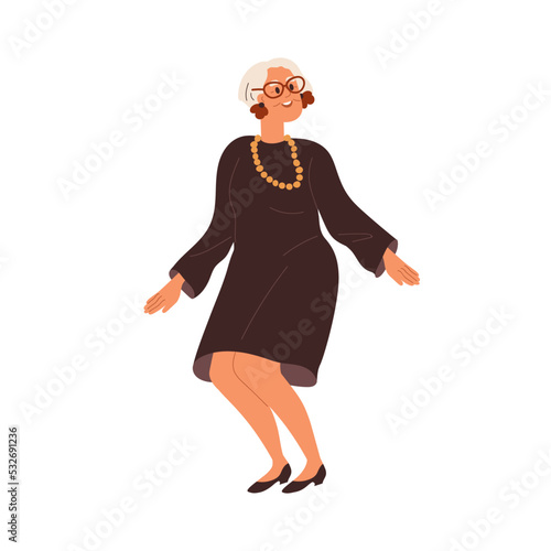 Senior woman dancing, wearing elegant evening dress, accessories, jewelry. Ha...