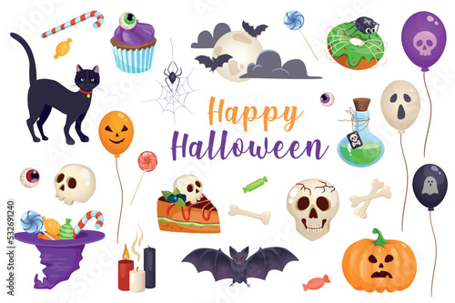 Happy Halloween 3d realistic set. Vector illustration isolated elements