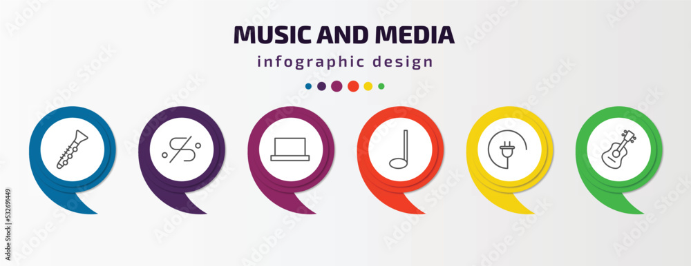 music and media infographic template with icons and 6 step or option. music and media icons such as oboe, segno, half rest, crotchet, charging plug, ukelele vector. can be used for banner, info music and media infographic template with icons and 6 step or option. music and media icons such as oboe, segno, half rest, crotchet, charging plug, ukelele vector. can be used for banner, info