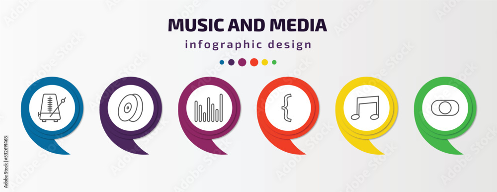 music and media infographic template with icons and 6 step or option. music and media icons such as metronome, cymbal, sound bars, bracket, beam, rec vector. can be used for banner, info graph, web, music and media infographic template with icons and 6 step or option. music and media icons such as metronome, cymbal, sound bars, bracket, beam, rec vector. can be used for banner, info graph, web,