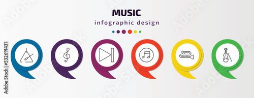 music infographic template with icons and 6 step or option. music icons such as music triangle, treble clef, skip, flat, trombone, violoncello vector. can be used for banner, info graph, web,