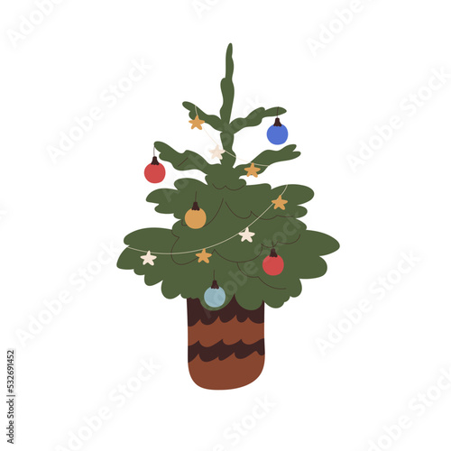 Festive Xmas tree decorated with holiday baubles, star garland, lights. Potte...