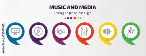 music and media infographic template with icons and 6 step or option. music and media icons such as television screen off, music record, french horn, player tings, acoustic, cabasa vector. can be photo