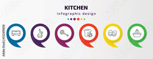 kitchen infographic template with icons and 6 step or option. kitchen icons such as bun warmer, olive oil, honey dipper, mould, eggs, squeezer vector. can be used for banner, info graph, web,