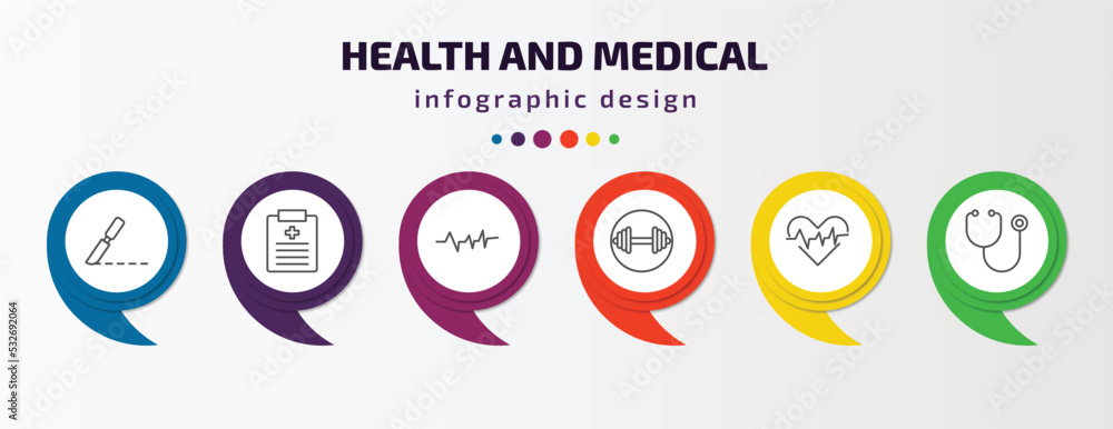 health and medical infographic template with icons and 6 step or option. health and medical icons such as surgery, medical report, pulse, weightlifting, cardiology, phonendoscope vector. can be used health and medical infographic template with icons and 6 step or option. health and medical icons such as surgery, medical report, pulse, weightlifting, cardiology, phonendoscope vector. can be used