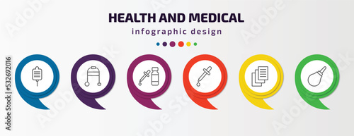 health and medical infographic template with icons and 6 step or option. health and medical icons such as salt, medical walker, serum, pipette, records, enema vector. can be used for banner, info